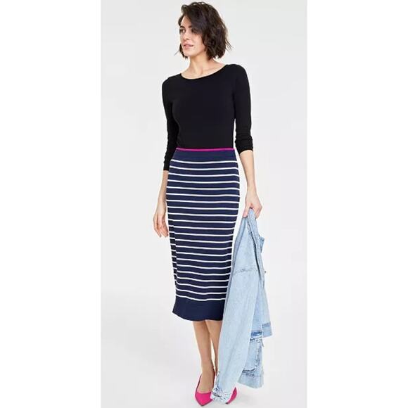 On 34th Macys Women White Navy Nautical Striped Sweater Midi Pencil Skirt XS NEW - Picture 3 of 12